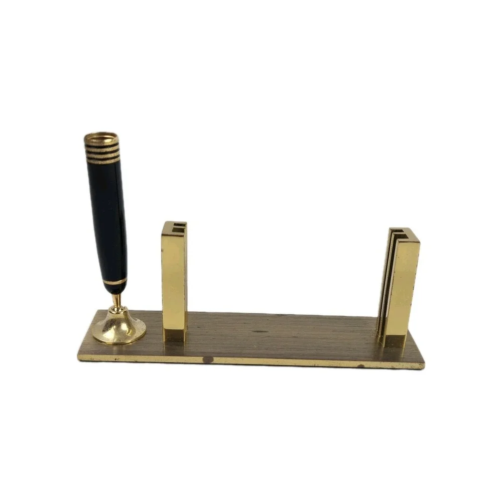 Vintage Office Desk Polished Solid Brass Mounted Pen and Business Card Holder
